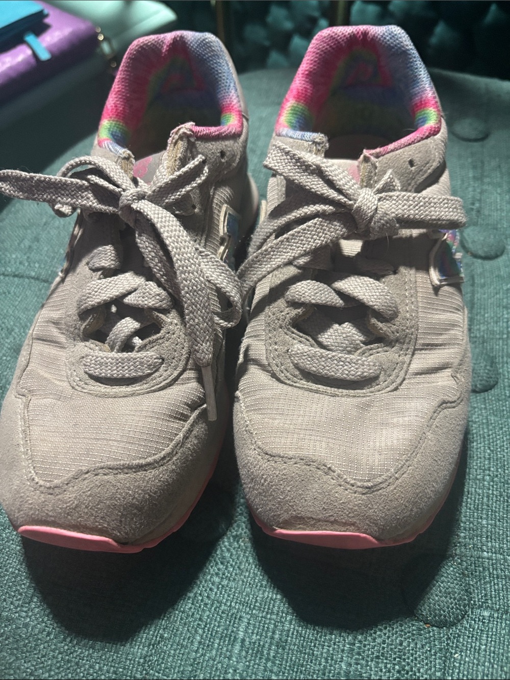 New Balance Gray Kids Sneakers with Pink & Rainbow Lining